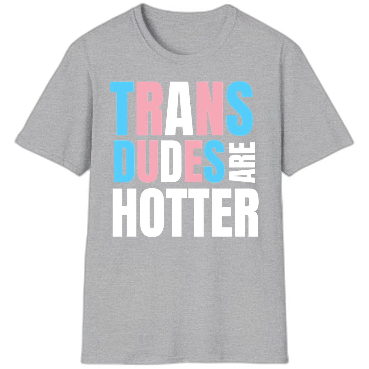 Bold typography design reading 'TRANS DUDES ARE HOTTER' in cyan, pink, and white letters on gray background in Sport Grey