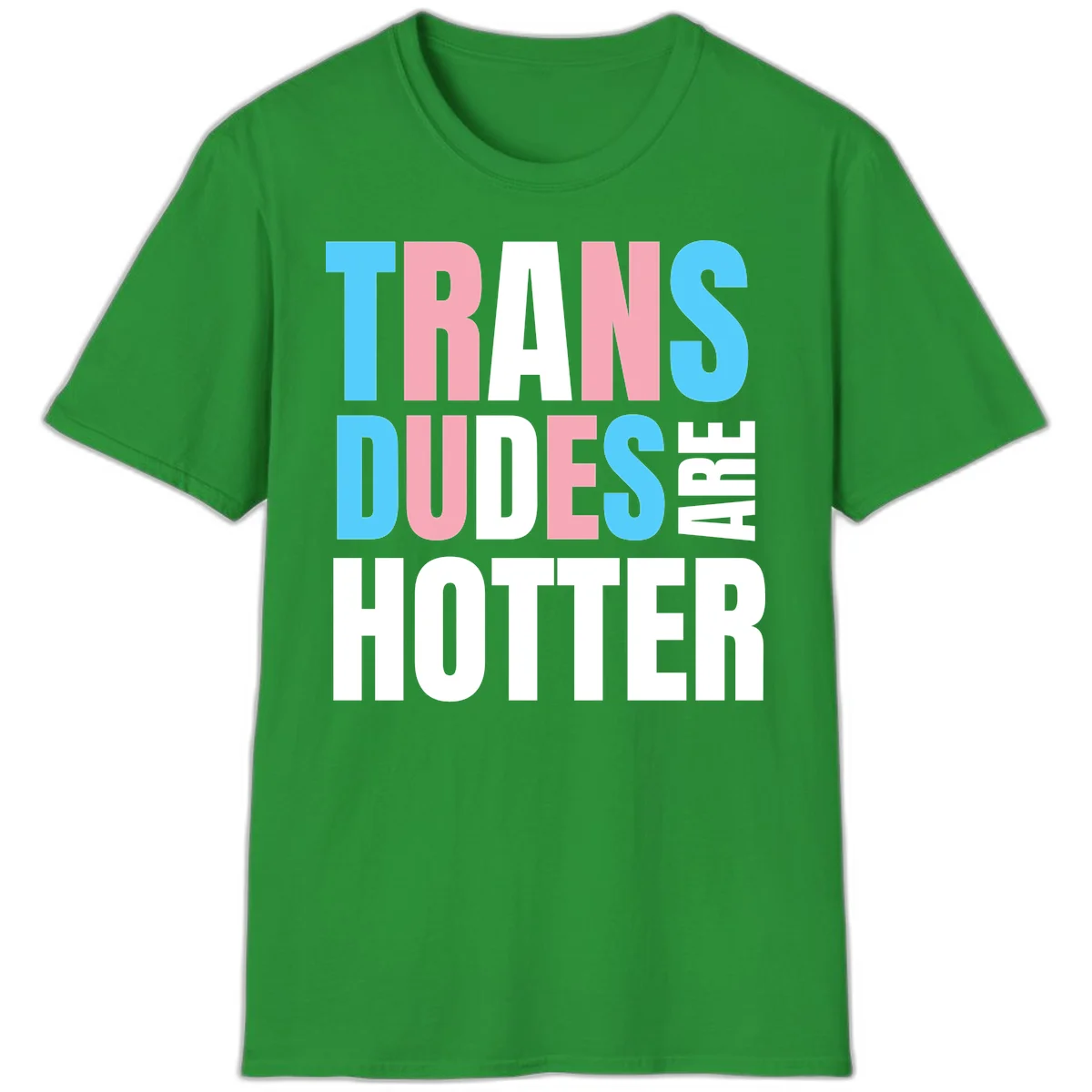 Bold typography design reading 'TRANS DUDES ARE HOTTER' in cyan, pink, and white letters on gray background in Irish Green