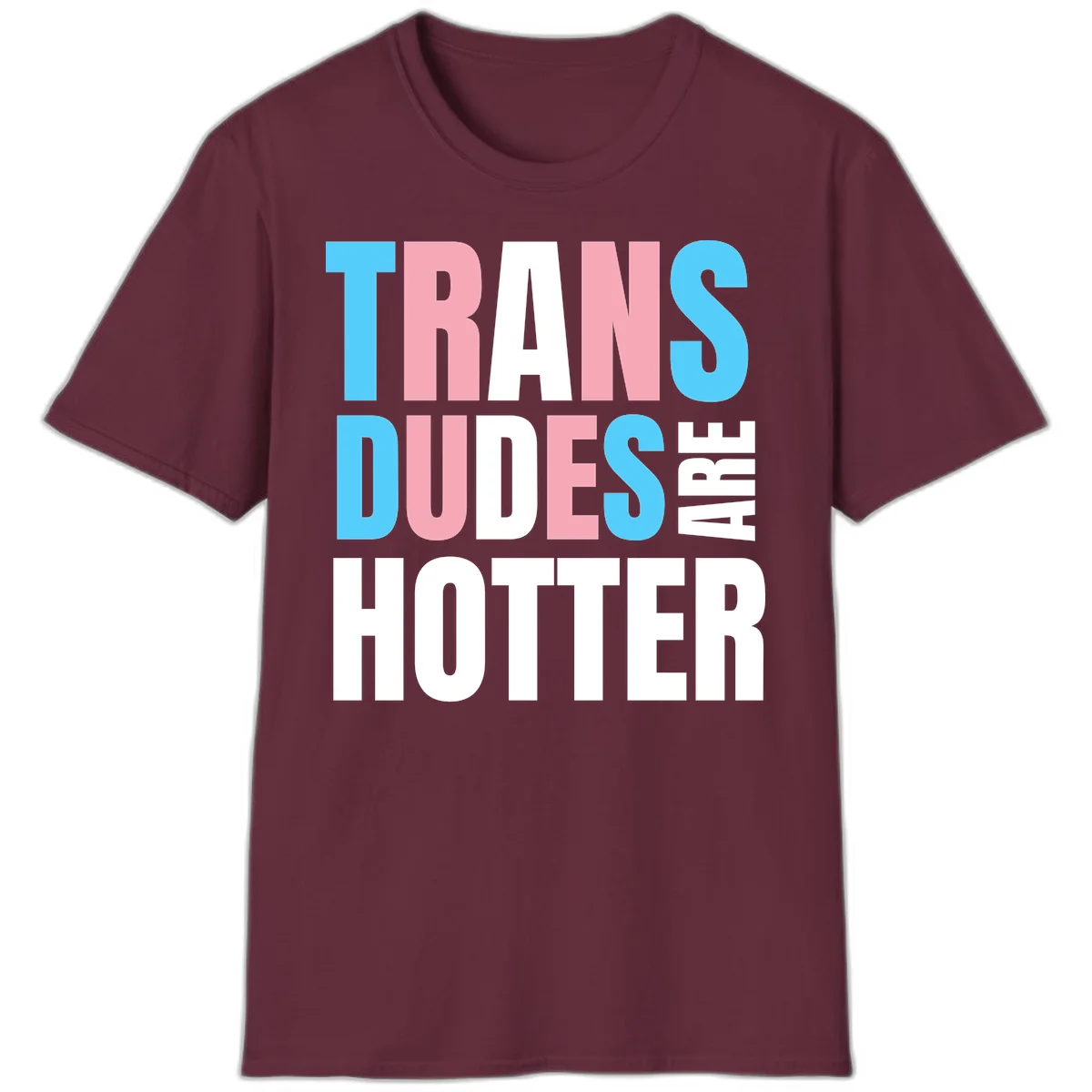 Bold typography design reading 'TRANS DUDES ARE HOTTER' in cyan, pink, and white letters on gray background in Maroon