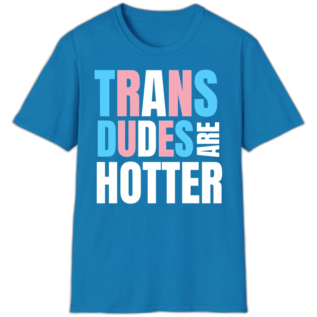 Bold typography design reading 'TRANS DUDES ARE HOTTER' in cyan, pink, and white letters on gray background in Sapphire