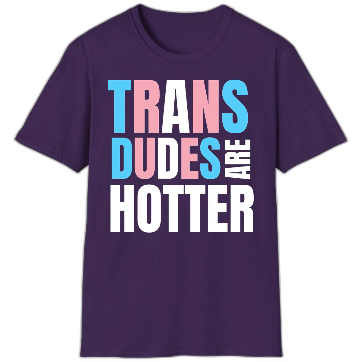 Bold typography design reading 'TRANS DUDES ARE HOTTER' in cyan, pink, and white letters on gray background in Purple