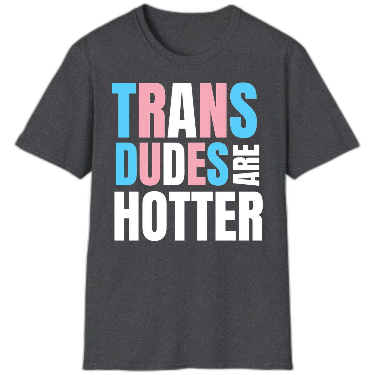 Bold typography design reading 'TRANS DUDES ARE HOTTER' in cyan, pink, and white letters on gray background in Dark Heather