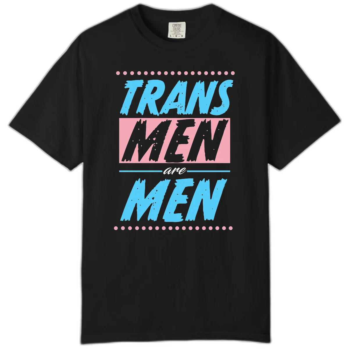 Grunge-style graphic with 'Trains New Men Are Men New' text in blue and gray with pink banner, decorated with dots border in Black