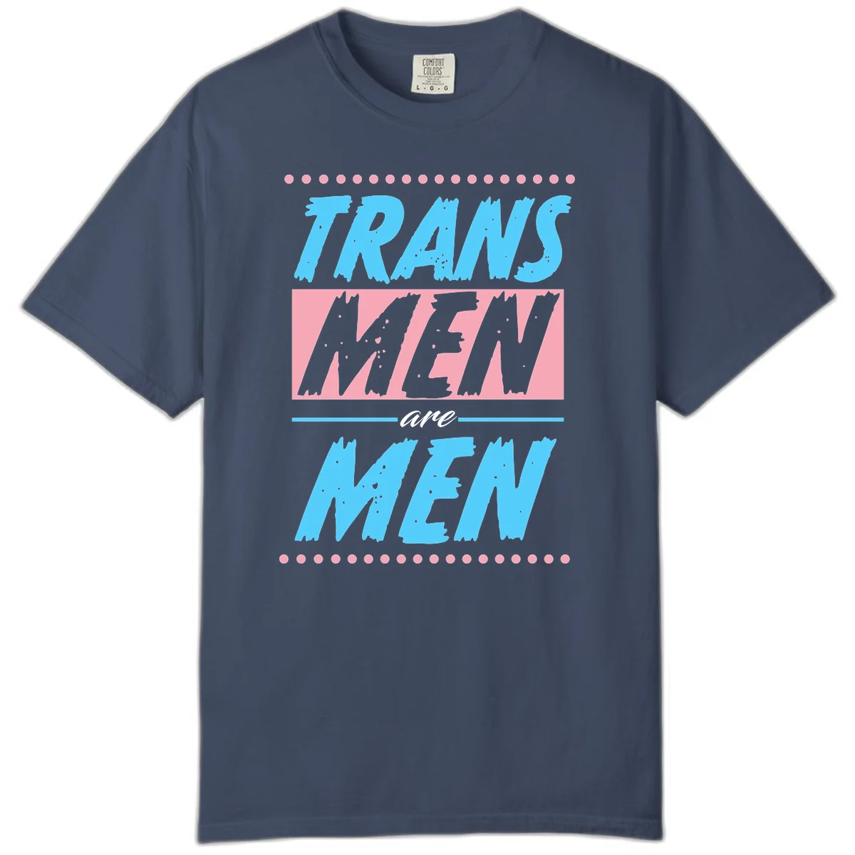 Grunge-style graphic with 'Trains New Men Are Men New' text in blue and gray with pink banner, decorated with dots border in Midnight