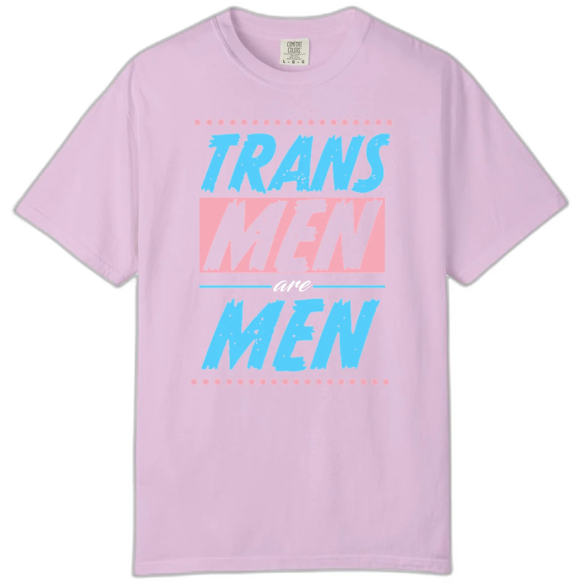 Grunge-style graphic with 'Trains New Men Are Men New' text in blue and gray with pink banner, decorated with dots border in Orchid