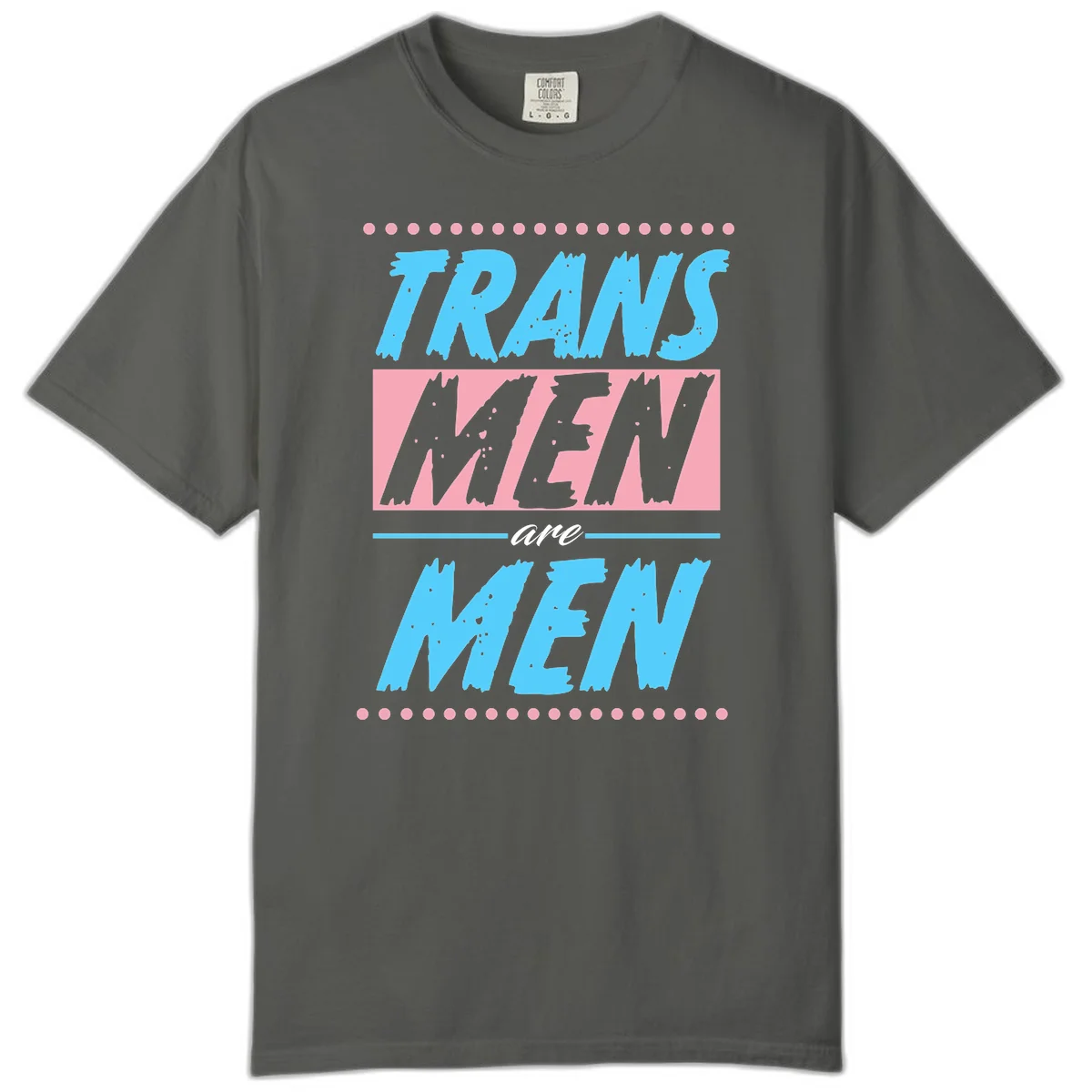 Grunge-style graphic with 'Trains New Men Are Men New' text in blue and gray with pink banner, decorated with dots border in Pepper