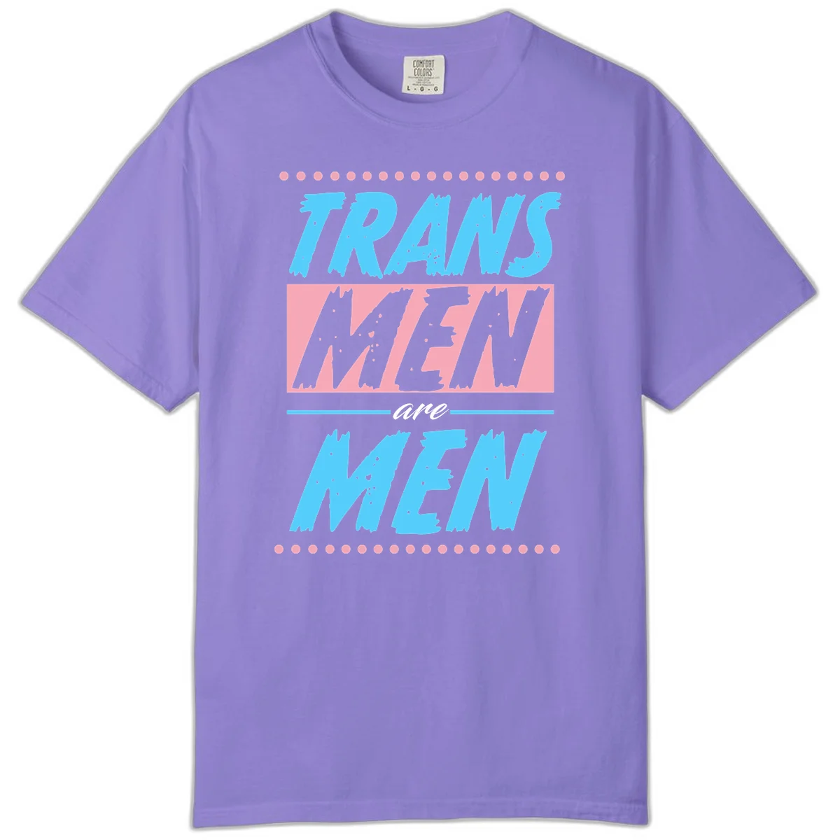 Grunge-style graphic with 'Trains New Men Are Men New' text in blue and gray with pink banner, decorated with dots border in Violet