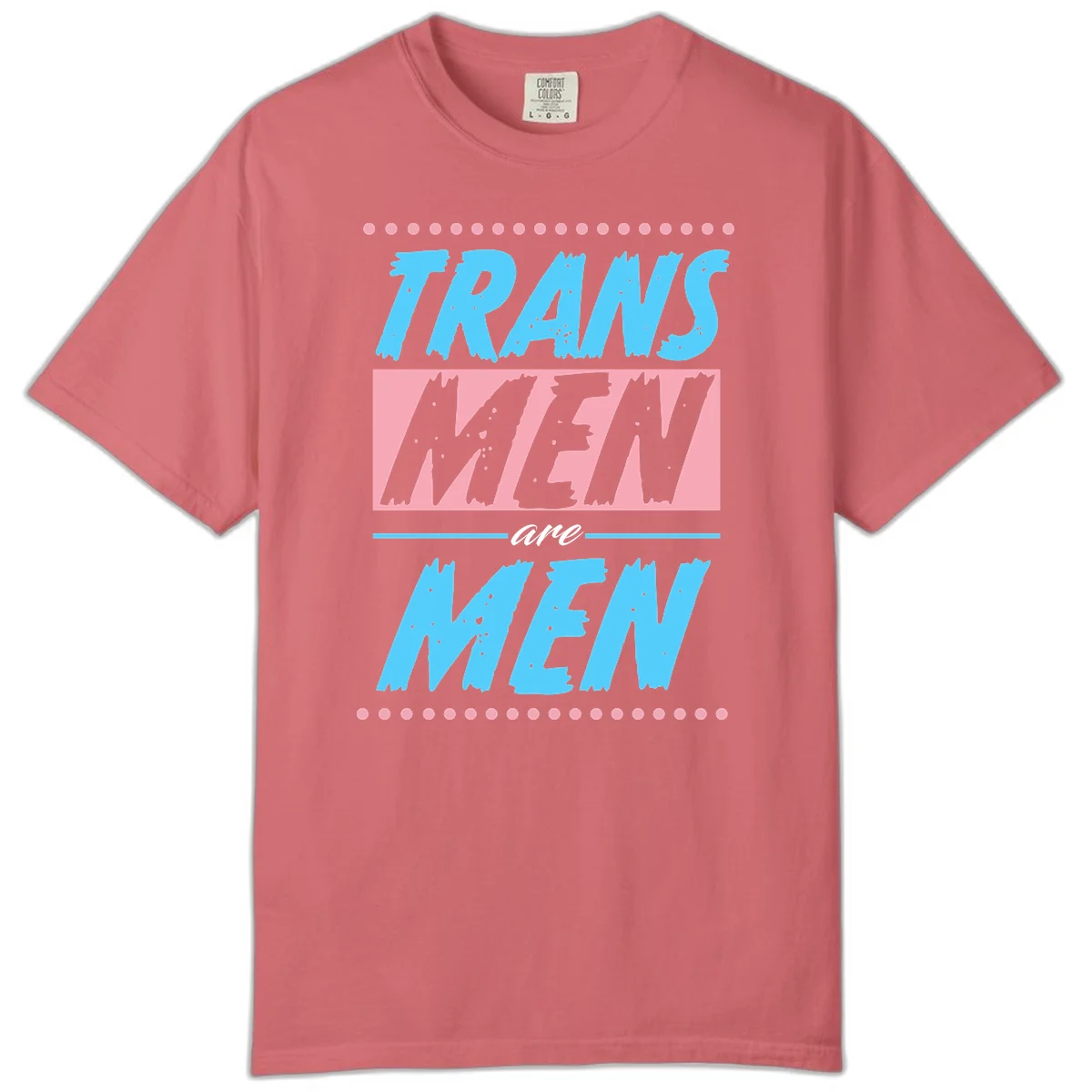Grunge-style graphic with 'Trains New Men Are Men New' text in blue and gray with pink banner, decorated with dots border in Watermelon