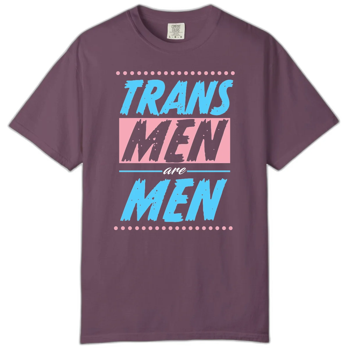 Grunge-style graphic with 'Trains New Men Are Men New' text in blue and gray with pink banner, decorated with dots border in Berry