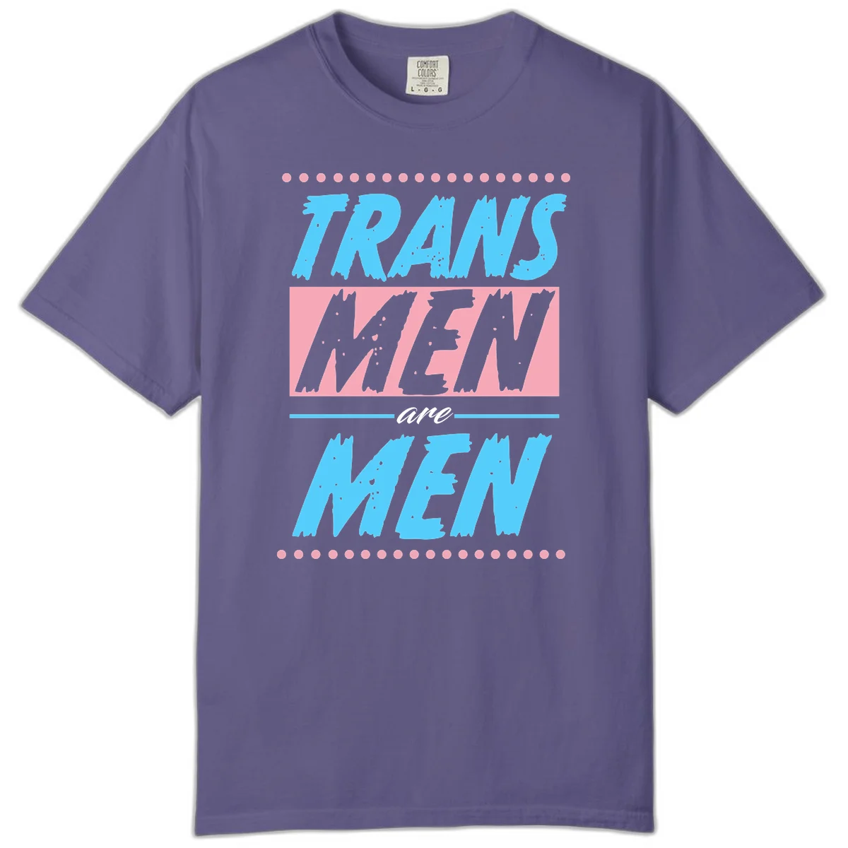 Grunge-style graphic with 'Trains New Men Are Men New' text in blue and gray with pink banner, decorated with dots border in Grape