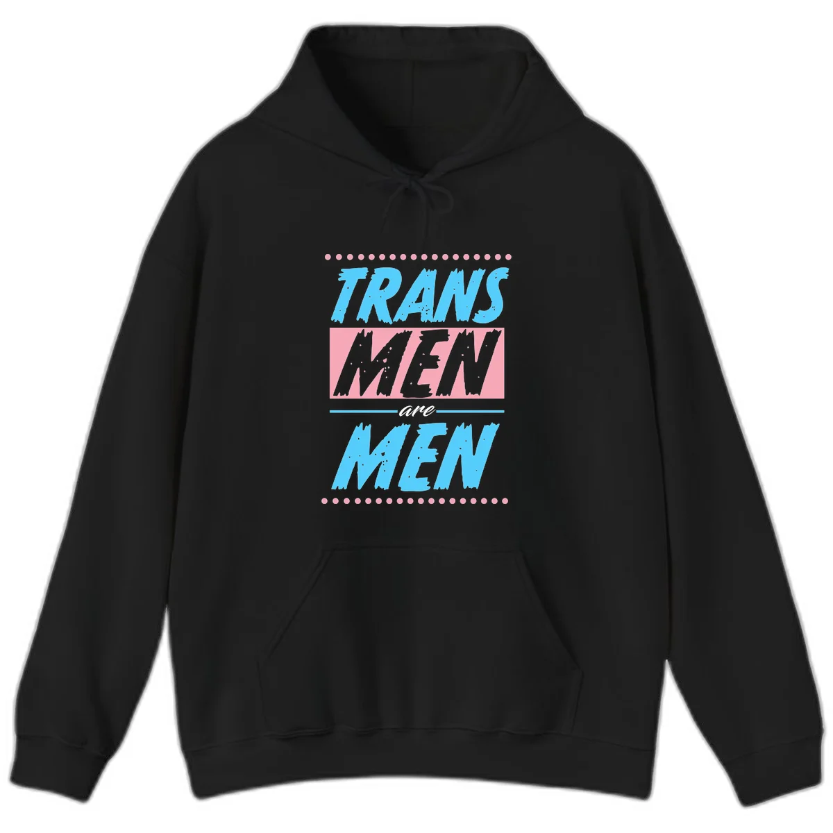 Grunge-style graphic with 'Trains New Men Are Men New' text in blue and gray with pink banner, decorated with dots border in Black