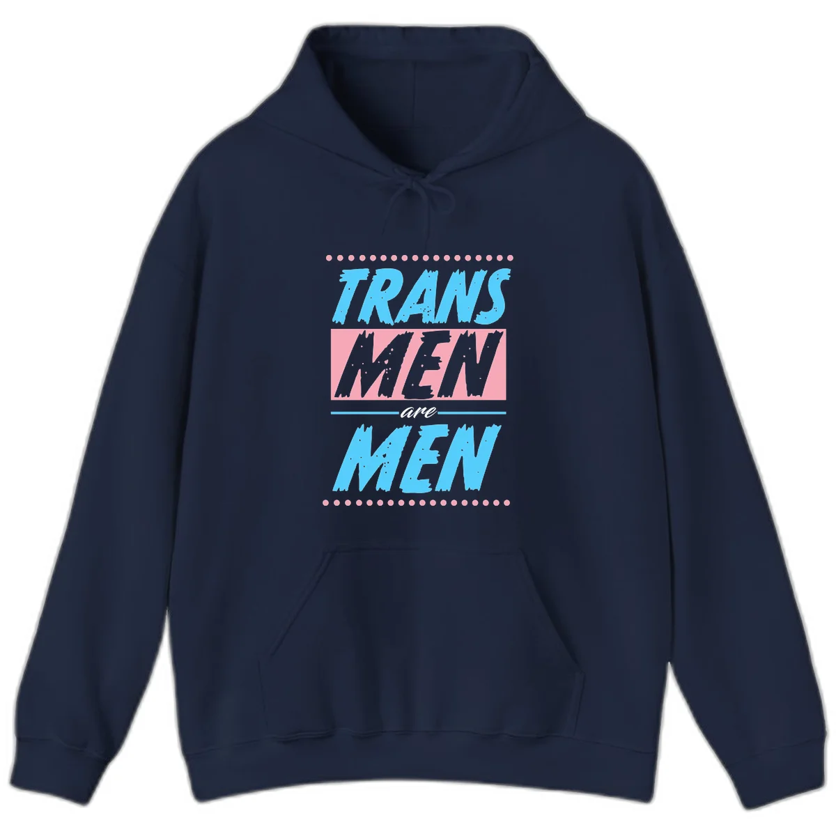 Grunge-style graphic with 'Trains New Men Are Men New' text in blue and gray with pink banner, decorated with dots border in Navy