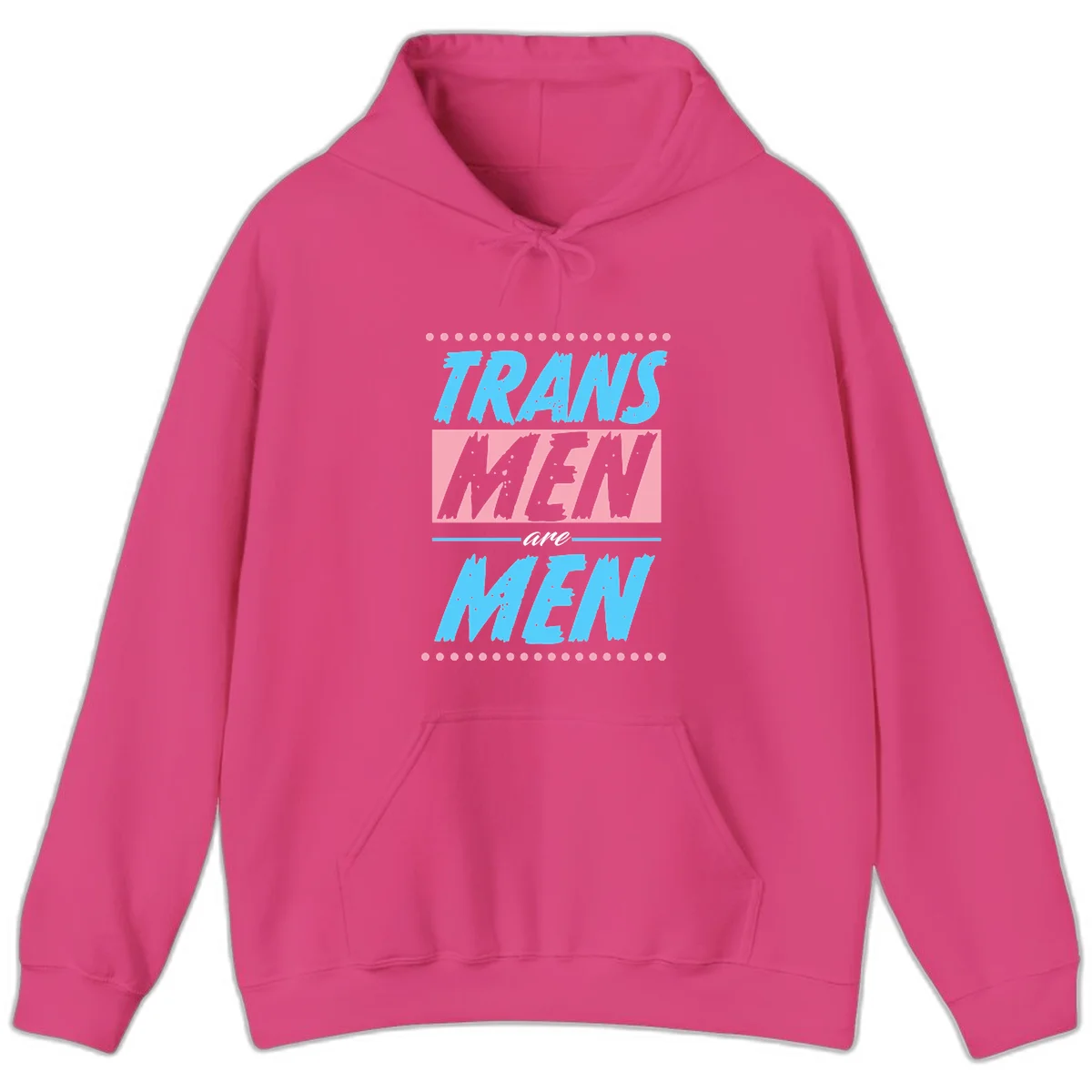 Grunge-style graphic with 'Trains New Men Are Men New' text in blue and gray with pink banner, decorated with dots border in Heliconia