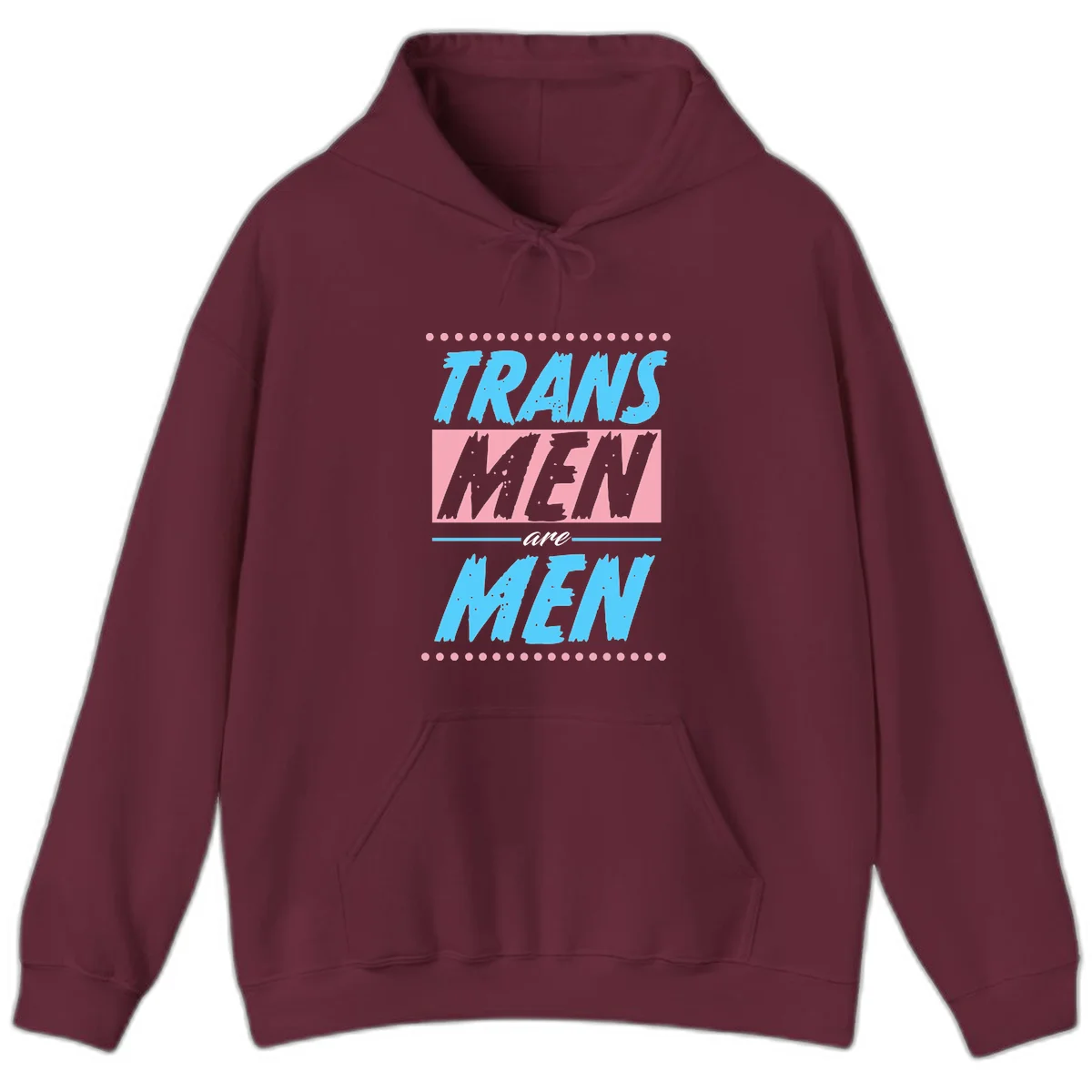 Grunge-style graphic with 'Trains New Men Are Men New' text in blue and gray with pink banner, decorated with dots border in Maroon