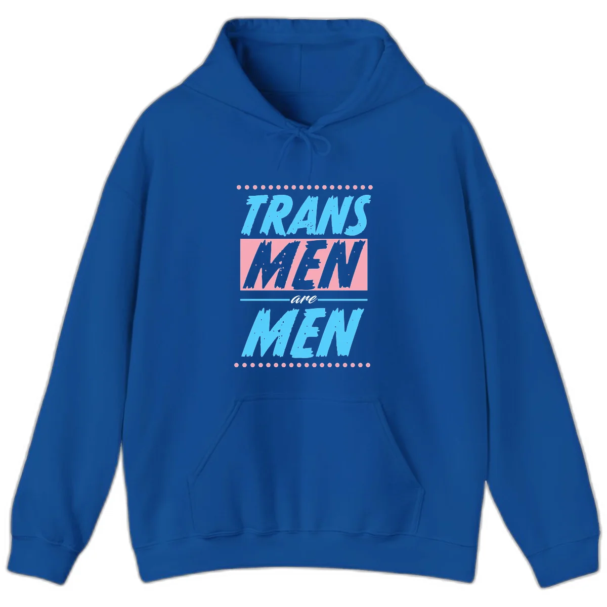 Grunge-style graphic with 'Trains New Men Are Men New' text in blue and gray with pink banner, decorated with dots border in Royal