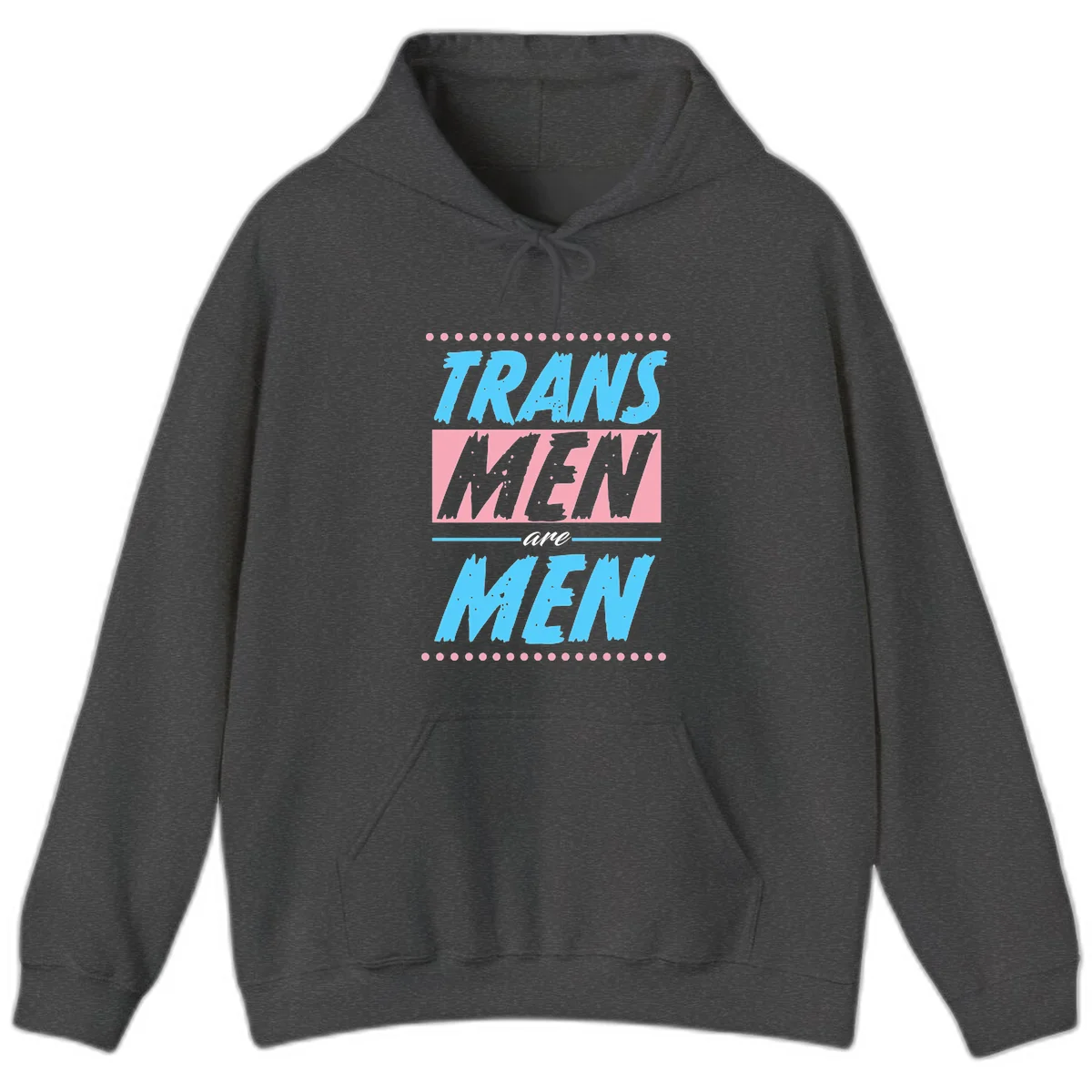 Grunge-style graphic with 'Trains New Men Are Men New' text in blue and gray with pink banner, decorated with dots border in Dark Heather