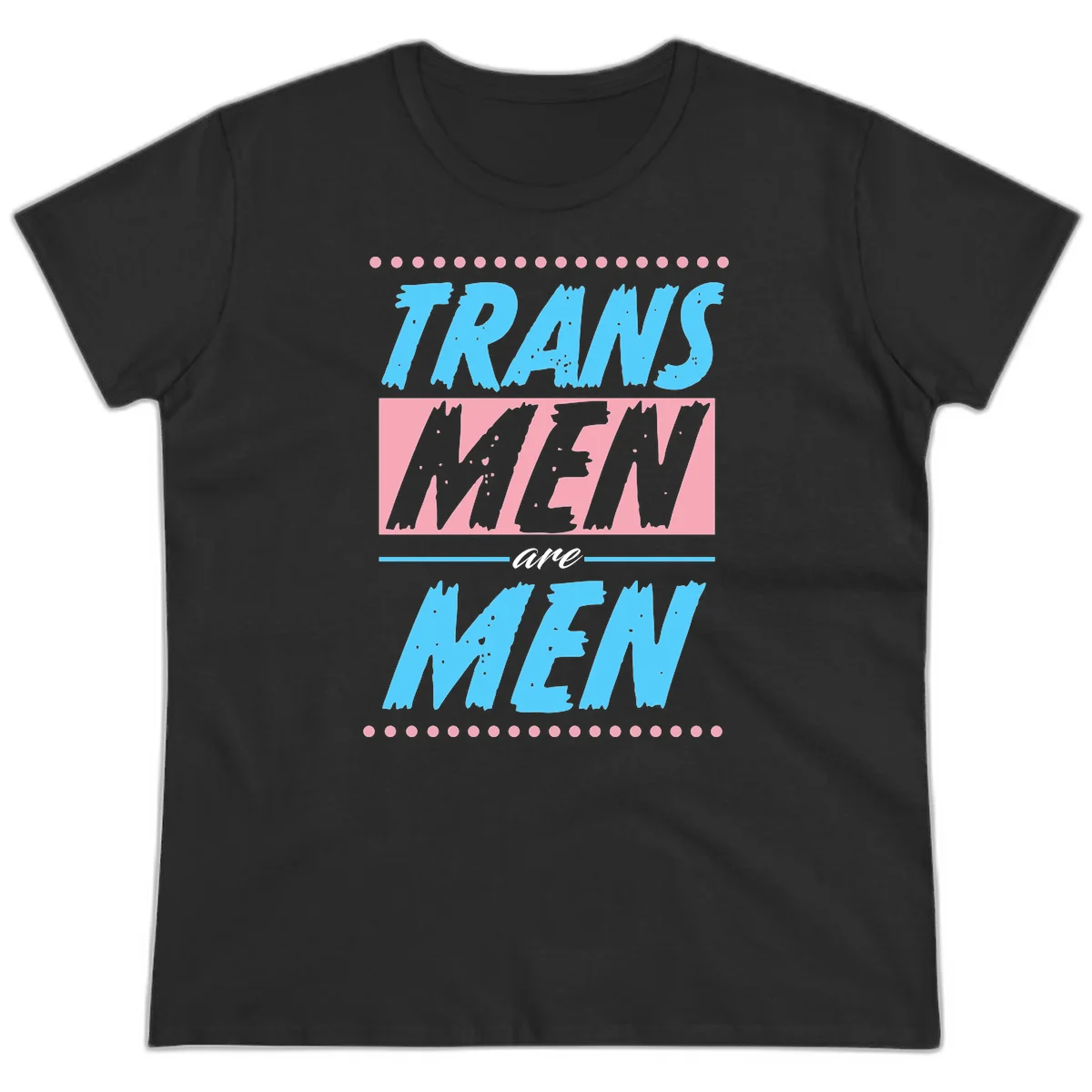 Grunge-style graphic with 'Trains New Men Are Men New' text in blue and gray with pink banner, decorated with dots border in Black