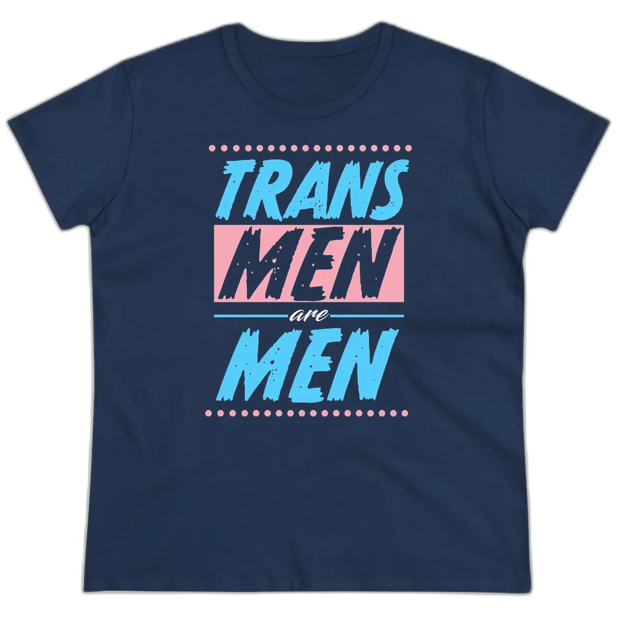Grunge-style graphic with 'Trains New Men Are Men New' text in blue and gray with pink banner, decorated with dots border in Navy
