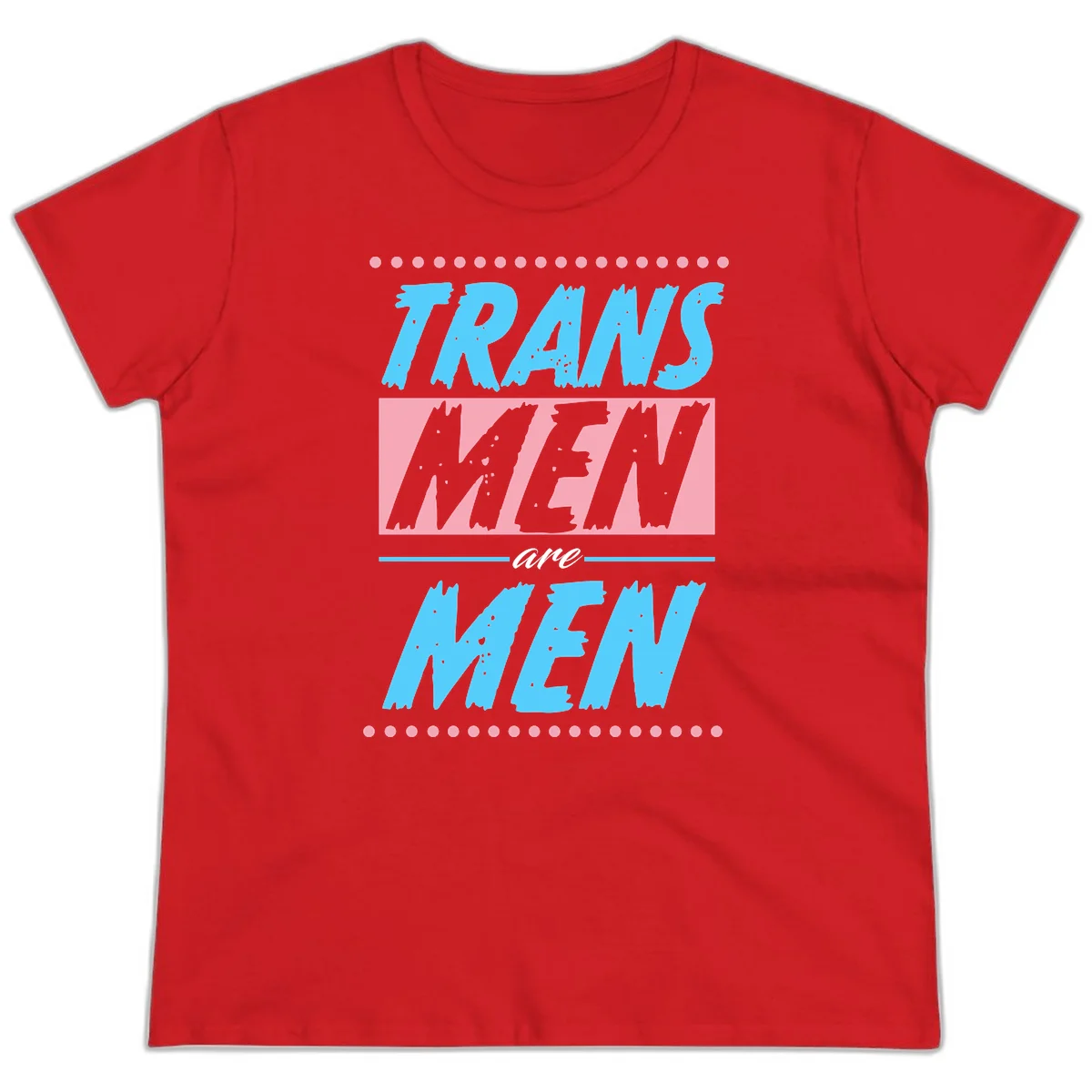 Grunge-style graphic with 'Trains New Men Are Men New' text in blue and gray with pink banner, decorated with dots border in Red