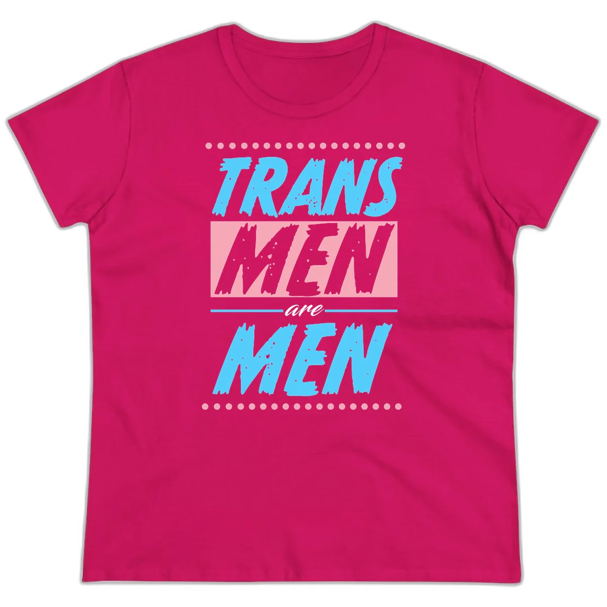 Grunge-style graphic with 'Trains New Men Are Men New' text in blue and gray with pink banner, decorated with dots border in Heliconia