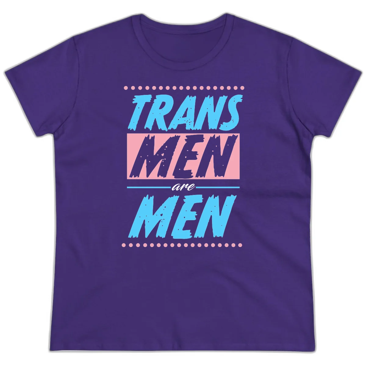 Grunge-style graphic with 'Trains New Men Are Men New' text in blue and gray with pink banner, decorated with dots border in Purple