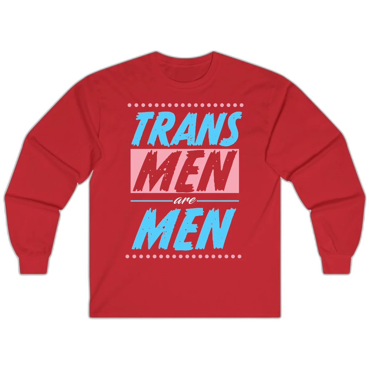 Grunge-style graphic with 'Trains New Men Are Men New' text in blue and gray with pink banner, decorated with dots border in Red