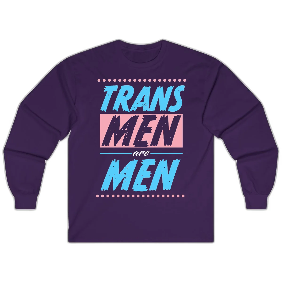 Grunge-style graphic with 'Trains New Men Are Men New' text in blue and gray with pink banner, decorated with dots border in Purple