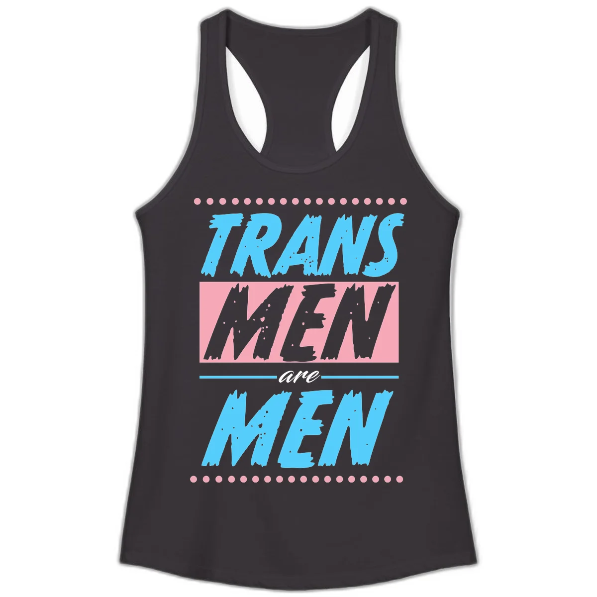 Grunge-style graphic with 'Trains New Men Are Men New' text in blue and gray with pink banner, decorated with dots border in Black