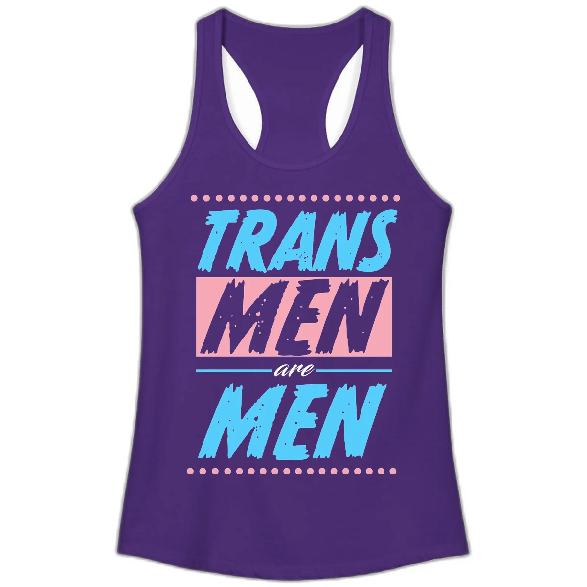 Grunge-style graphic with 'Trains New Men Are Men New' text in blue and gray with pink banner, decorated with dots border in Solid Purple Rush