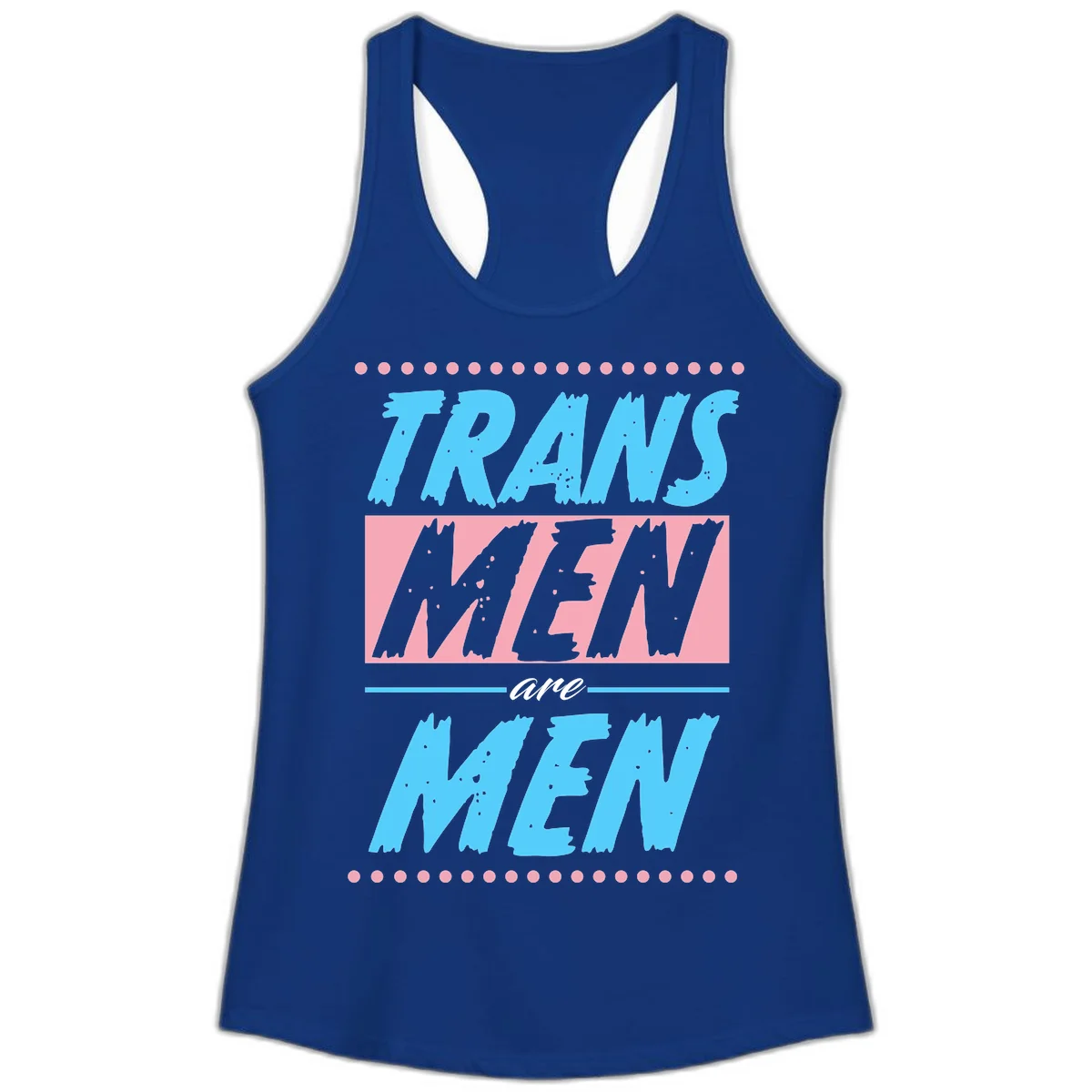 Grunge-style graphic with 'Trains New Men Are Men New' text in blue and gray with pink banner, decorated with dots border in Solid Royal