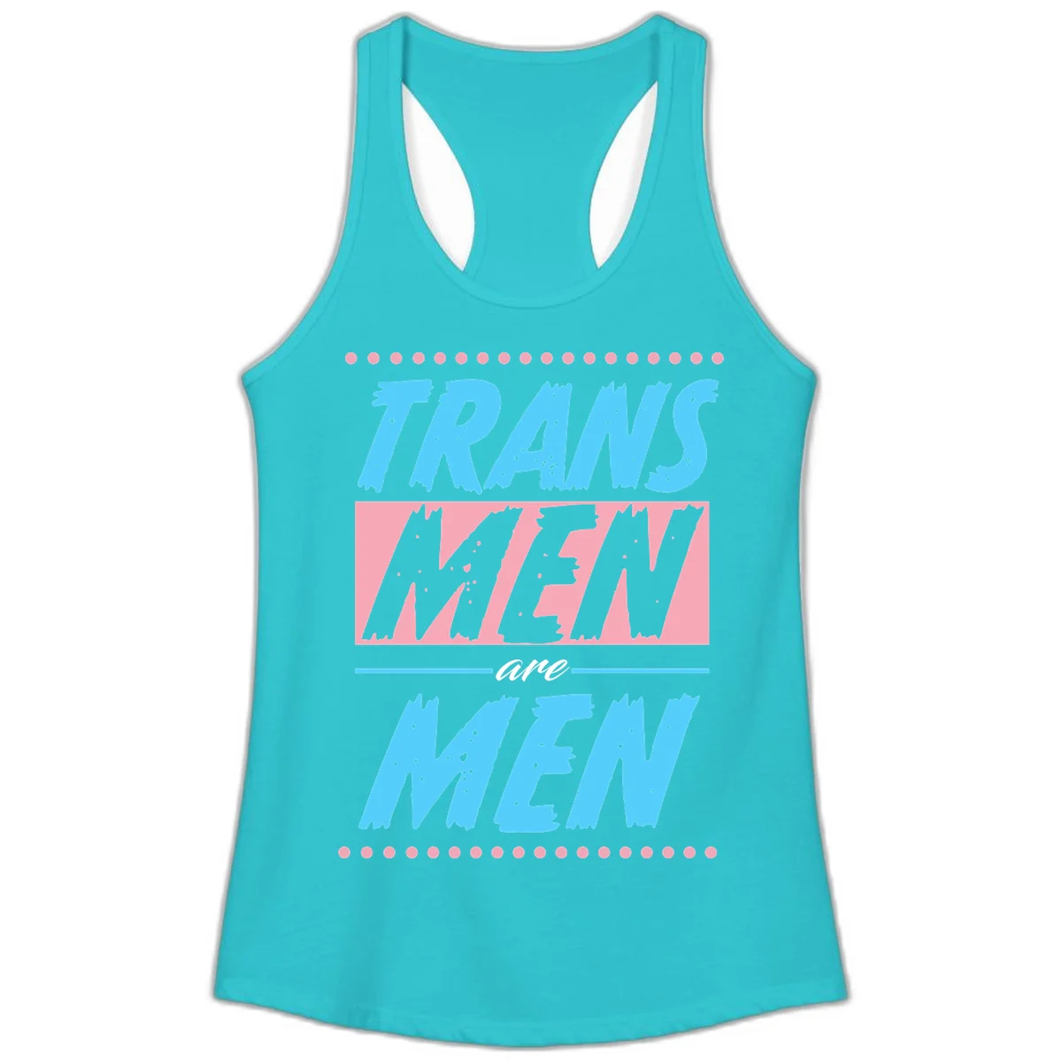 Grunge-style graphic with 'Trains New Men Are Men New' text in blue and gray with pink banner, decorated with dots border in Solid Tahiti Blue