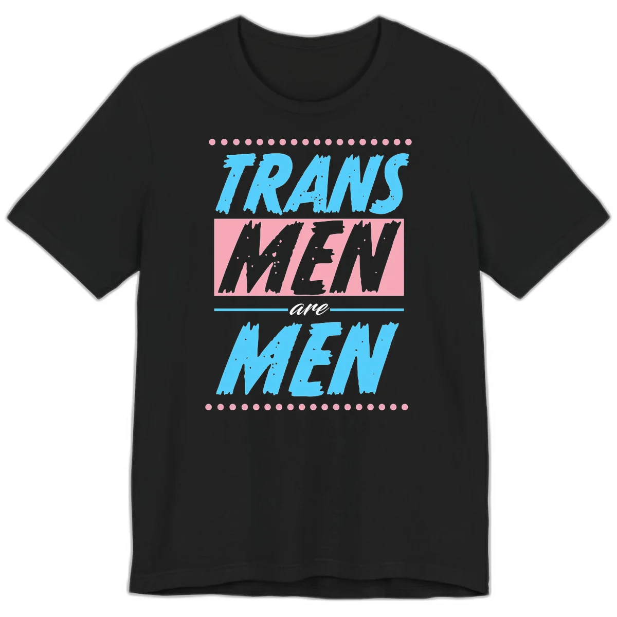 Grunge-style graphic with 'Trains New Men Are Men New' text in blue and gray with pink banner, decorated with dots border in Black