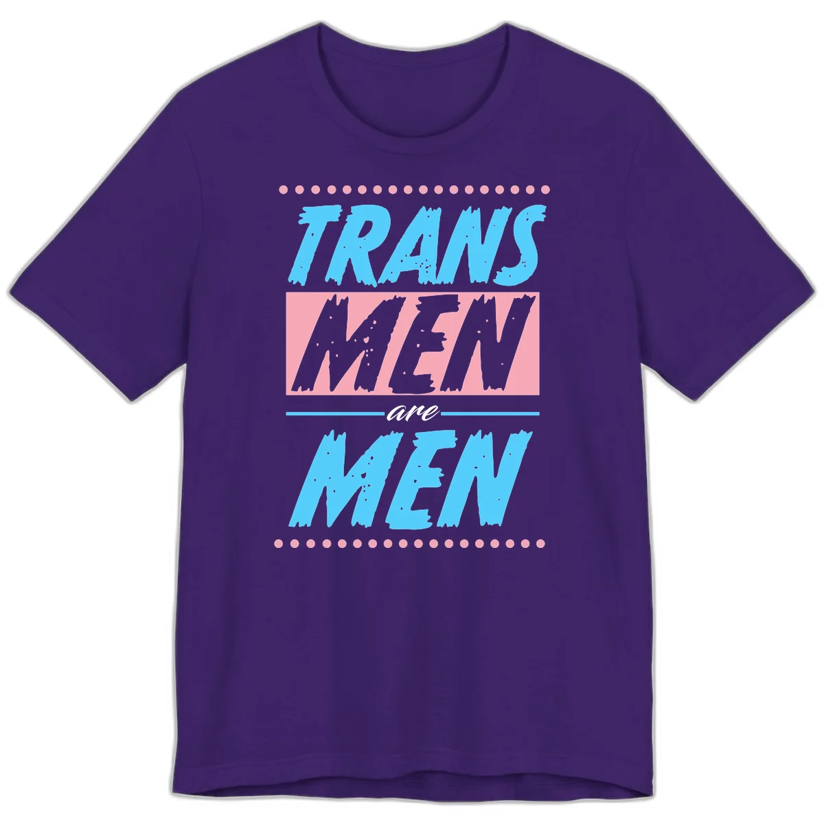 Grunge-style graphic with 'Trains New Men Are Men New' text in blue and gray with pink banner, decorated with dots border in Team Purple