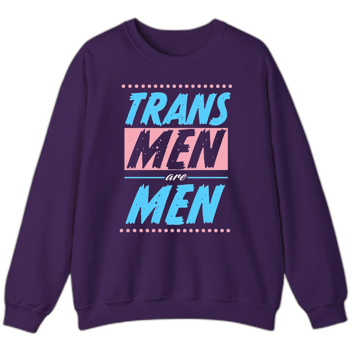 Grunge-style graphic with 'Trains New Men Are Men New' text in blue and gray with pink banner, decorated with dots border in Purple