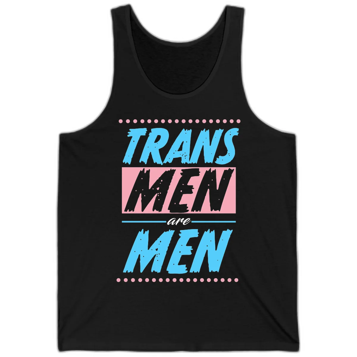 Grunge-style graphic with 'Trains New Men Are Men New' text in blue and gray with pink banner, decorated with dots border in Black