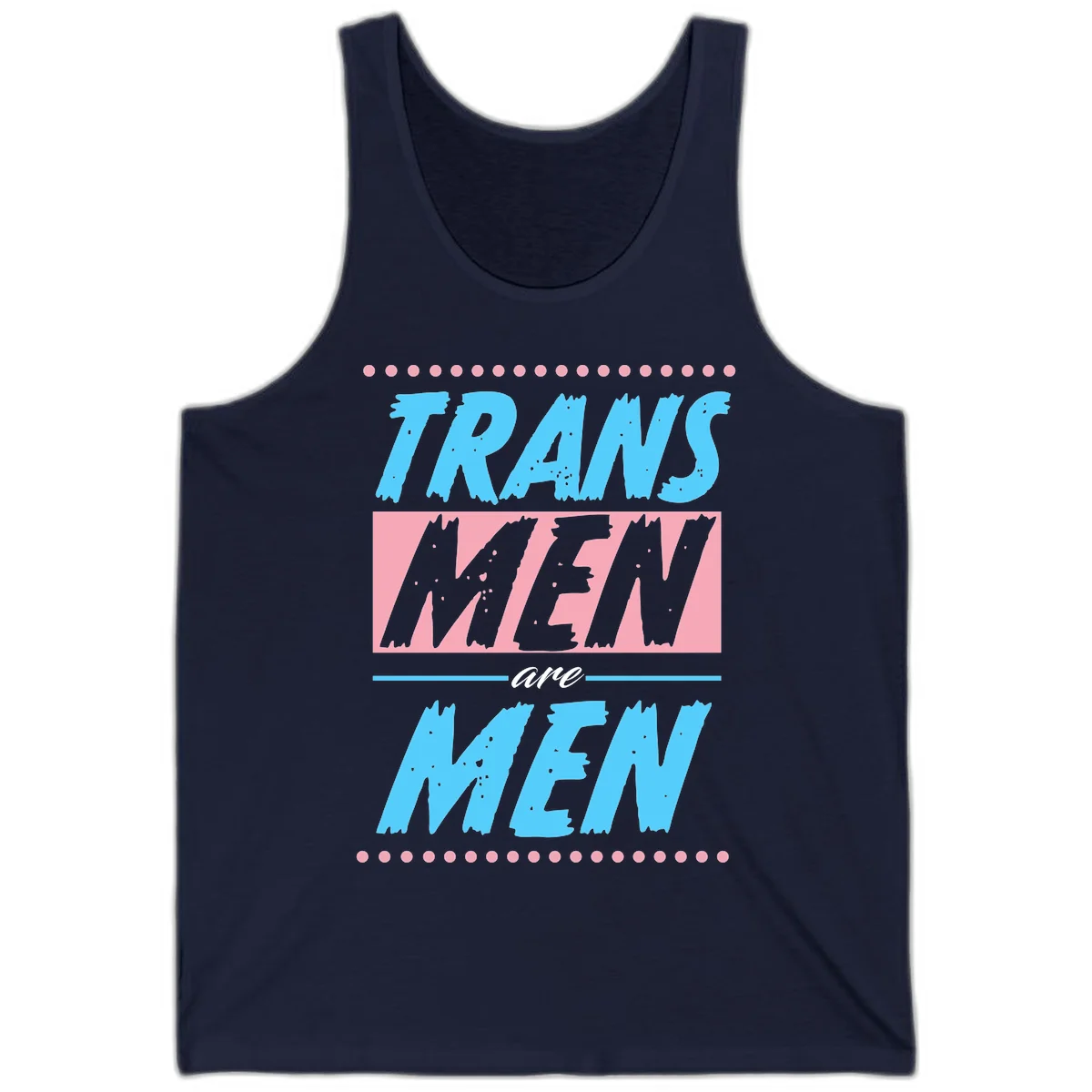 Grunge-style graphic with 'Trains New Men Are Men New' text in blue and gray with pink banner, decorated with dots border in Navy