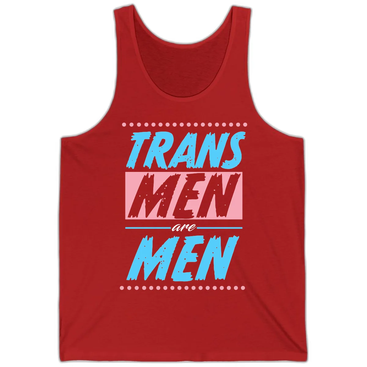 Grunge-style graphic with 'Trains New Men Are Men New' text in blue and gray with pink banner, decorated with dots border in Red
