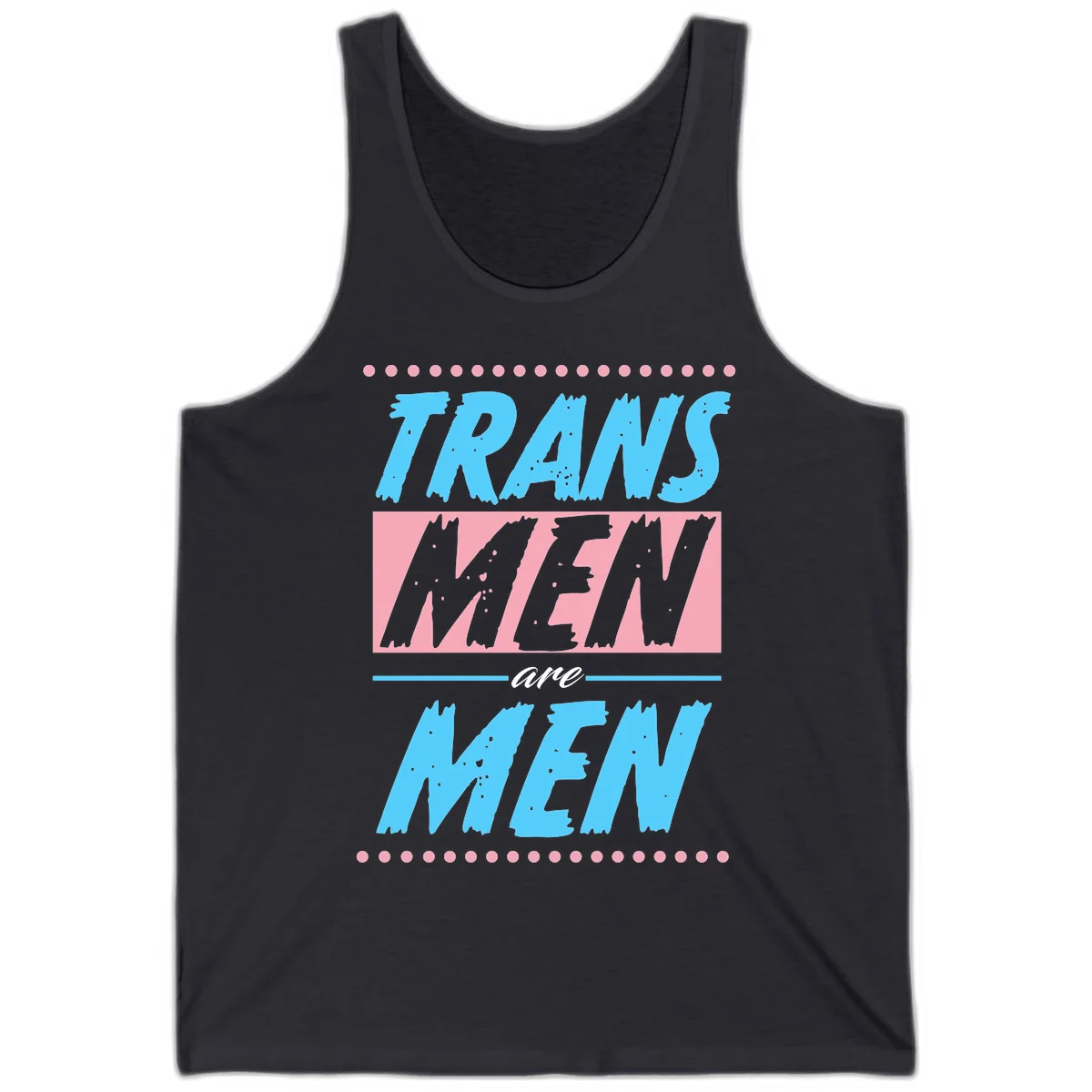 Grunge-style graphic with 'Trains New Men Are Men New' text in blue and gray with pink banner, decorated with dots border in Dark Grey