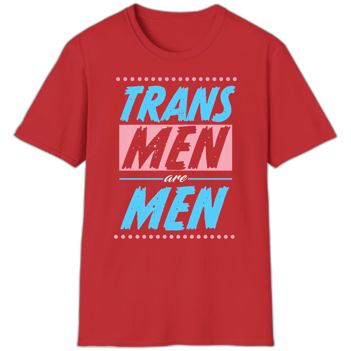 Grunge-style graphic with 'Trains New Men Are Men New' text in blue and gray with pink banner, decorated with dots border in Red