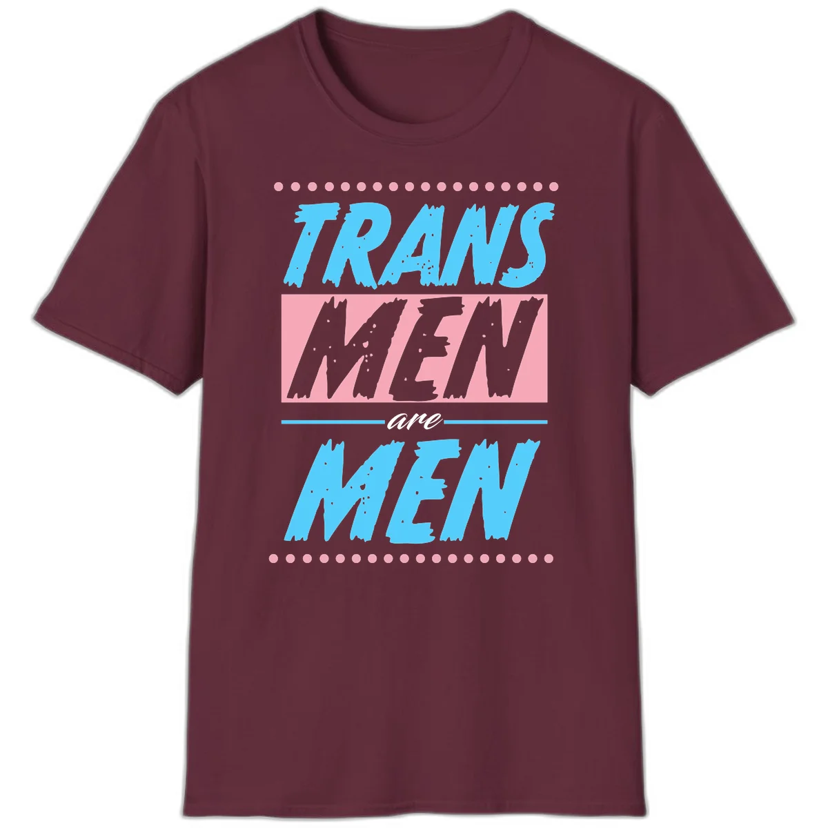 Grunge-style graphic with 'Trains New Men Are Men New' text in blue and gray with pink banner, decorated with dots border in Maroon