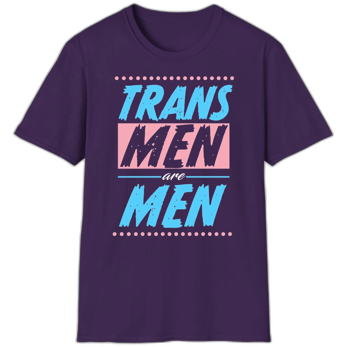 Grunge-style graphic with 'Trains New Men Are Men New' text in blue and gray with pink banner, decorated with dots border in Purple
