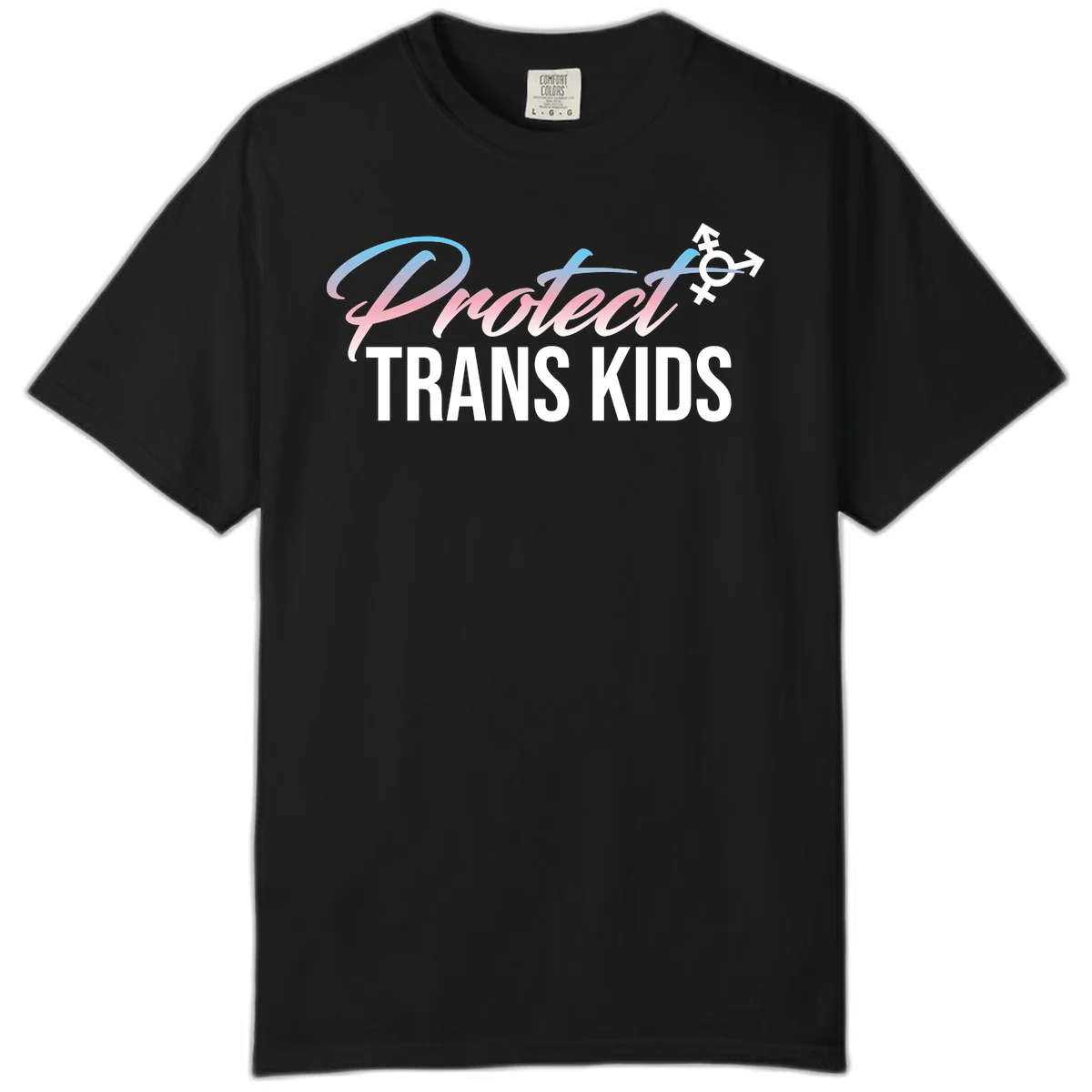 Protect trans kids design with blue-to-pink gradient text, transgender symbol, and bold typography supporting trans youth in Black