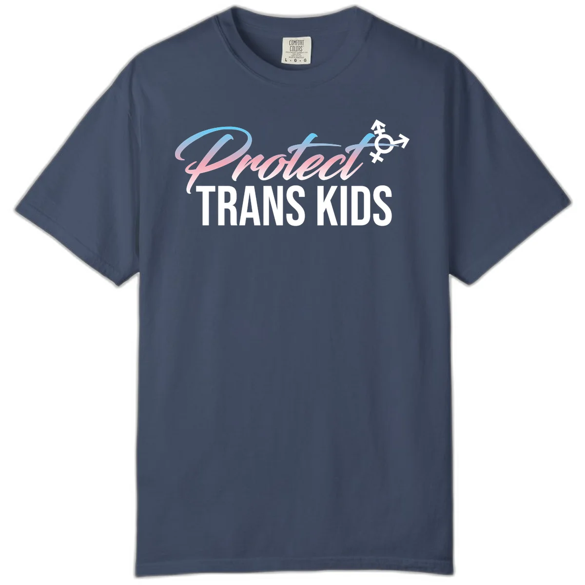 Protect trans kids design with blue-to-pink gradient text, transgender symbol, and bold typography supporting trans youth in Midnight