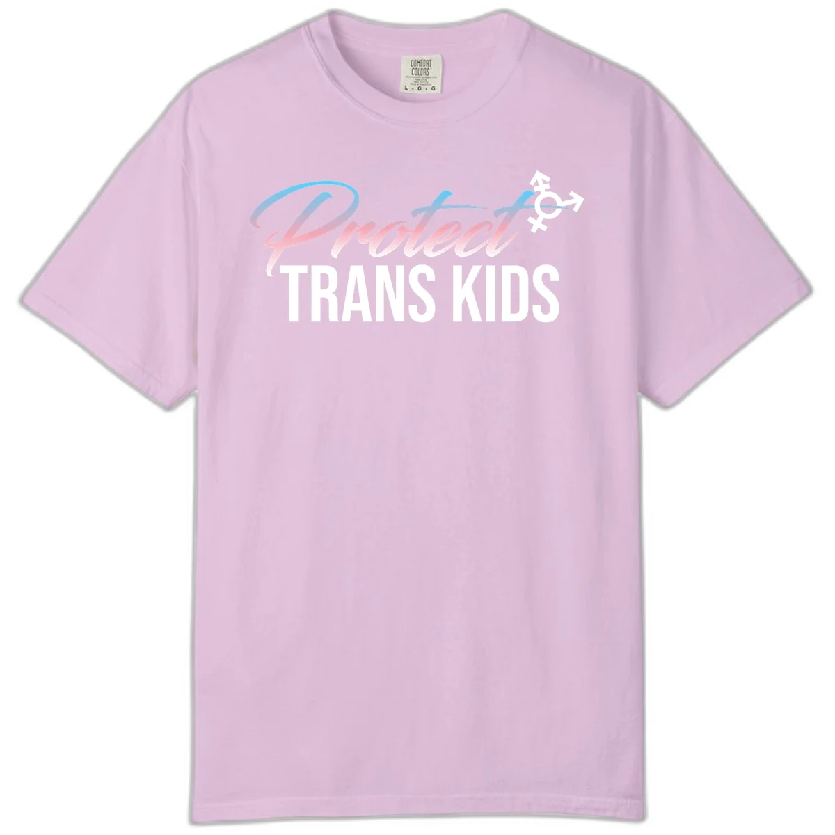 Protect trans kids design with blue-to-pink gradient text, transgender symbol, and bold typography supporting trans youth in Orchid