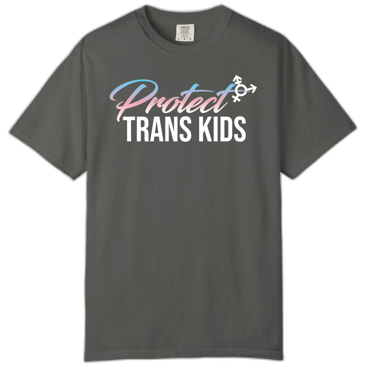 Protect trans kids design with blue-to-pink gradient text, transgender symbol, and bold typography supporting trans youth in Pepper