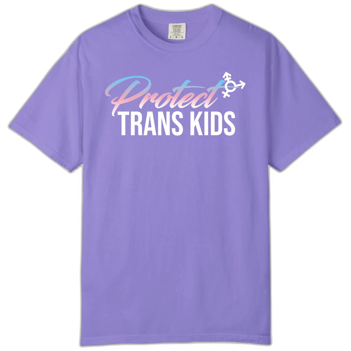 Protect trans kids design with blue-to-pink gradient text, transgender symbol, and bold typography supporting trans youth in Violet