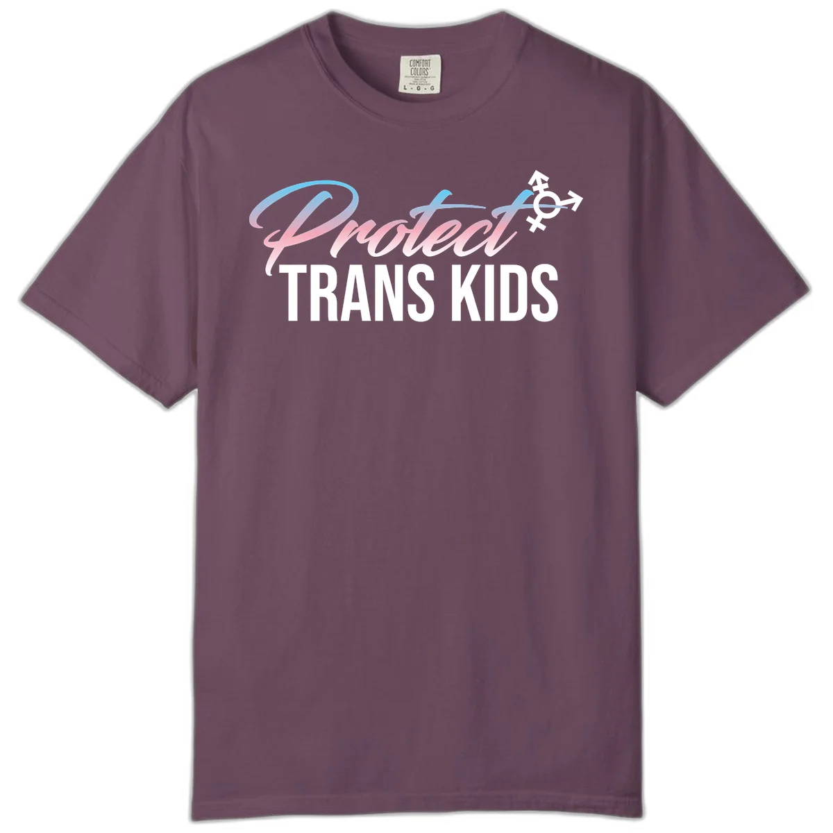 Protect trans kids design with blue-to-pink gradient text, transgender symbol, and bold typography supporting trans youth in Berry
