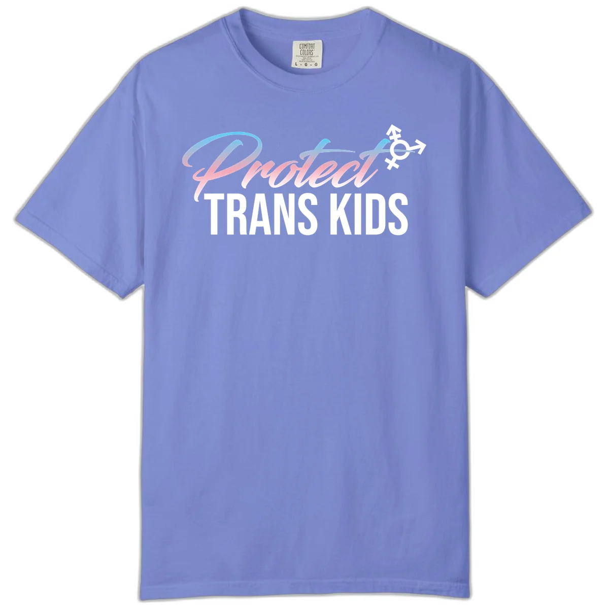 Protect trans kids design with blue-to-pink gradient text, transgender symbol, and bold typography supporting trans youth in Flo Blue