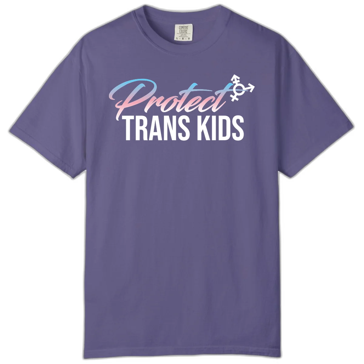 Protect trans kids design with blue-to-pink gradient text, transgender symbol, and bold typography supporting trans youth in Grape