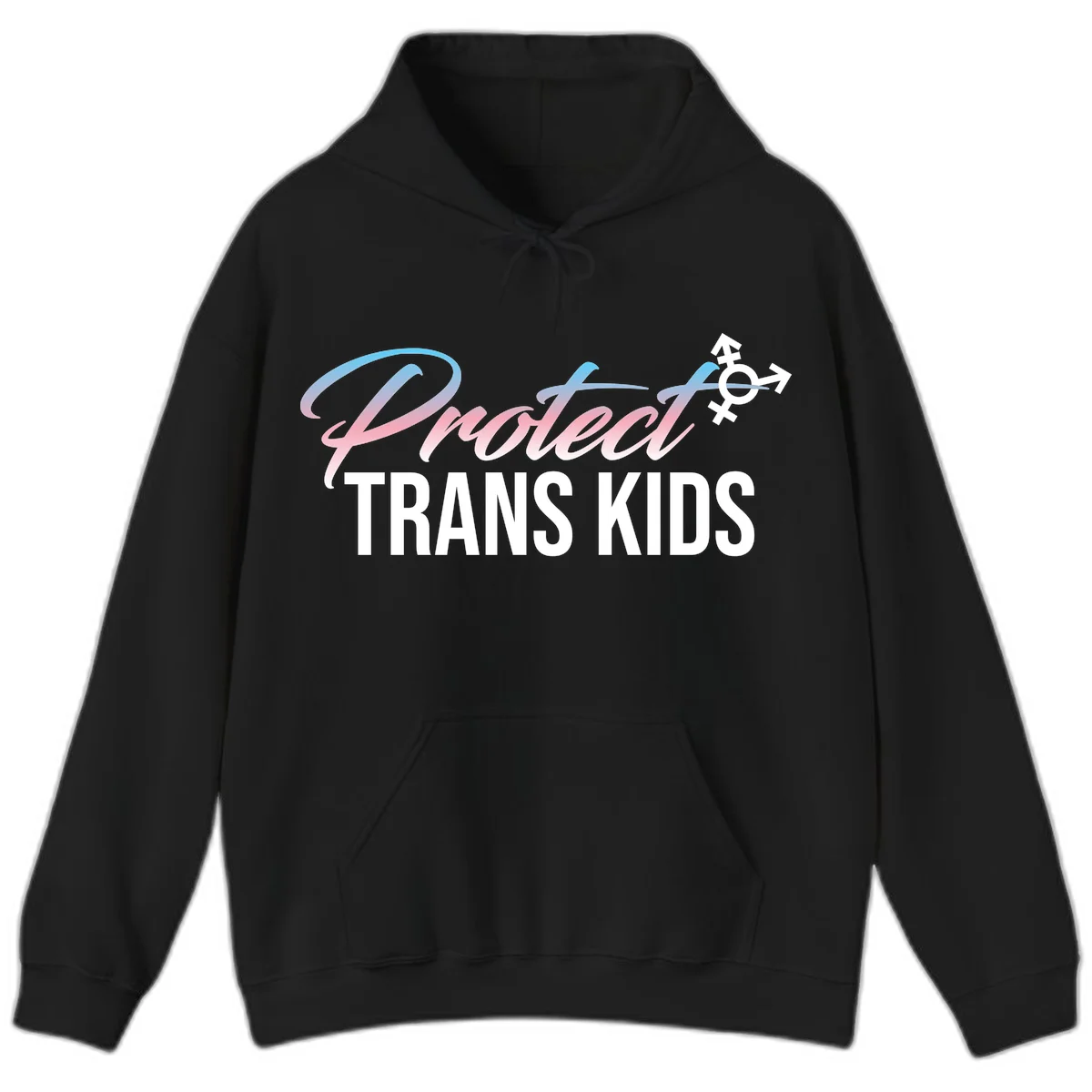 Protect trans kids design with blue-to-pink gradient text, transgender symbol, and bold typography supporting trans youth in Black